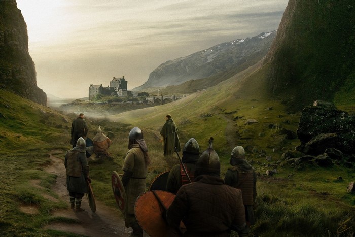 Warriors approaching a castle in a mountain valley