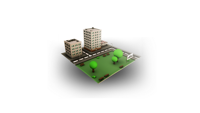 3D isometric city block with buildings and park