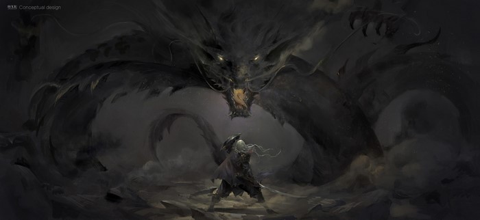A warrior faces a giant black dragon in a dark fantasy landscape