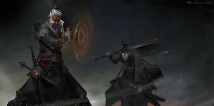Two warriors in a conceptual art battle with magical vortex
