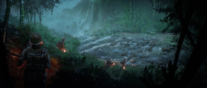 Soldiers in a jungle by a river at night