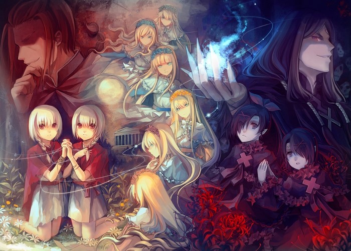 Anime characters in a dark fantasy setting