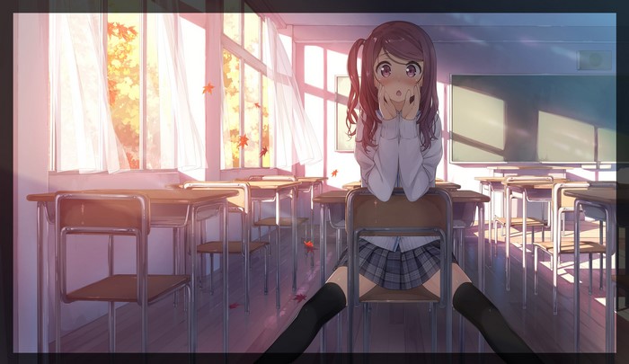 Anime girl in school uniform in a classroom