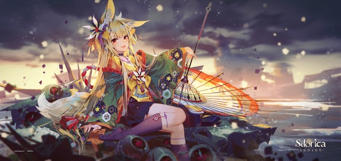 Anime girl with fox ears and kimono by a lake