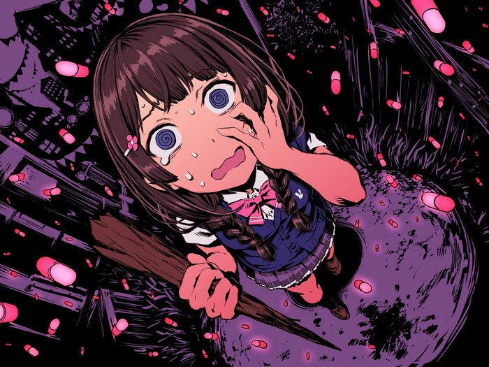 Anime girl crying surrounded by pills and dark city
