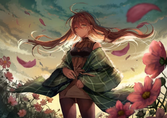 Anime girl with long hair in a field of flowers
