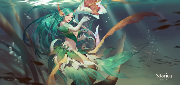 Mermaid playing a harp underwater