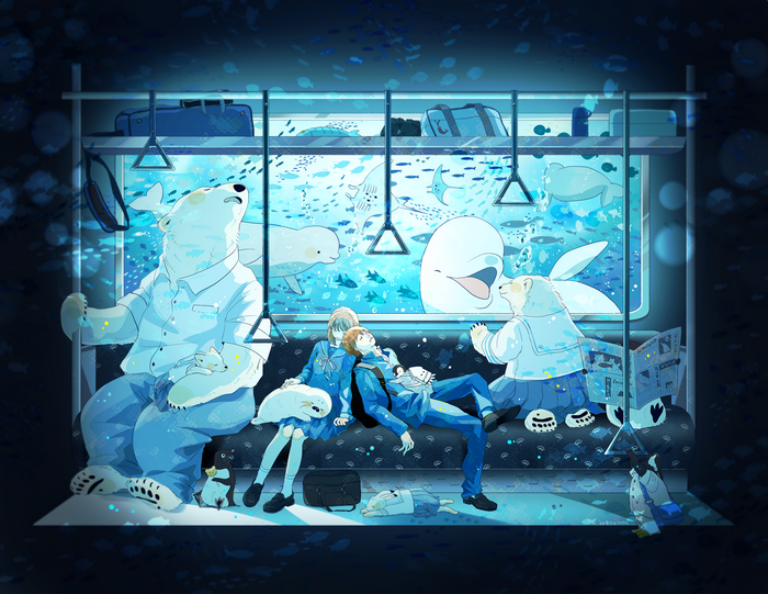 Anime artwork of polar bears and humans on a train