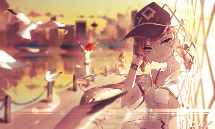 Anime girl with hat by the water
