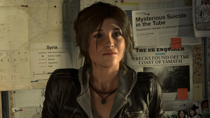 Lara Croft from Tomb Raider in front of a map and newspapers