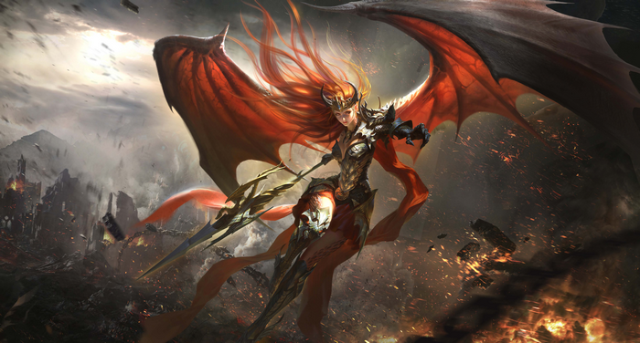 League of Angels 4K Artwork of a Redhead Woman with Dragon Wings