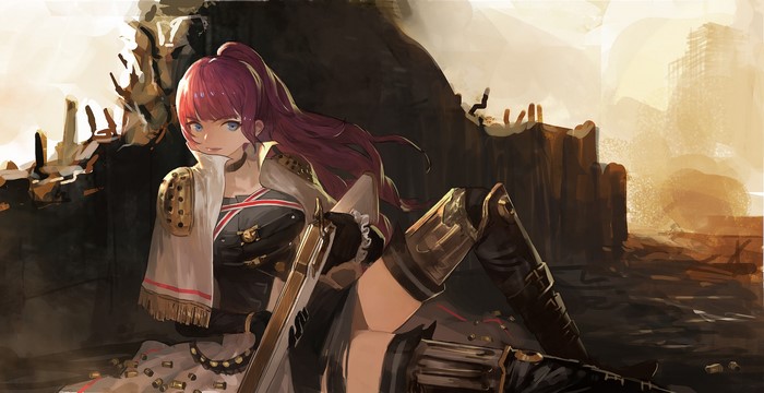 Anime girl with pink hair and blue eyes holding a rifle