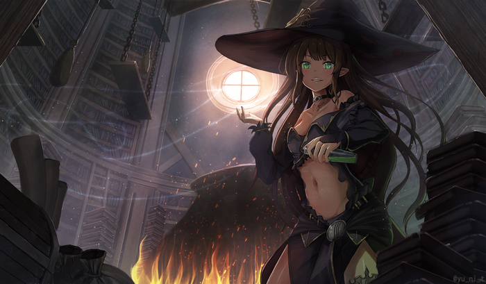 Anime witch with green eyes in a library