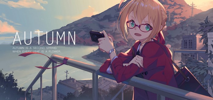 Anime girl with glasses holding a camera