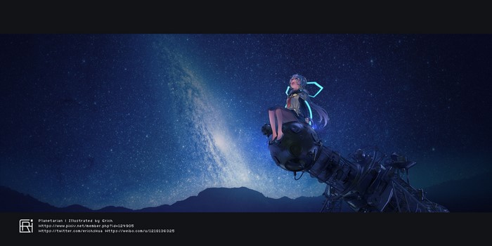 Anime girl sitting on a space station under the stars