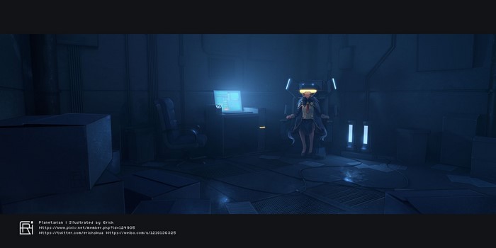 Anime girl in VR headset in a dark room