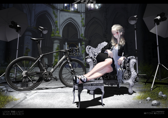 Anime girl with bicycle in gothic ruins