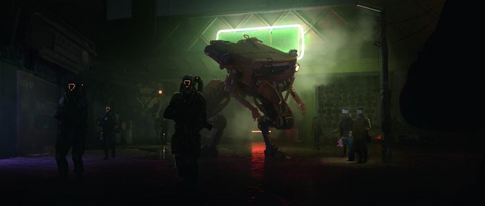 Soldiers and robot in a futuristic city at night