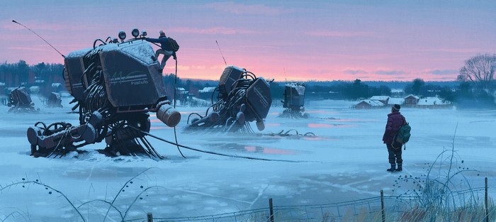 Robots in a snowy landscape by Simon Stålenhag