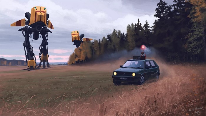 Robots and a car in a landscape by Simon Stålenhag