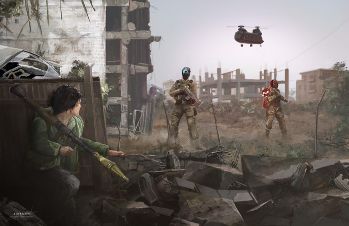 Soldiers in a destroyed city with a helicopter overhead