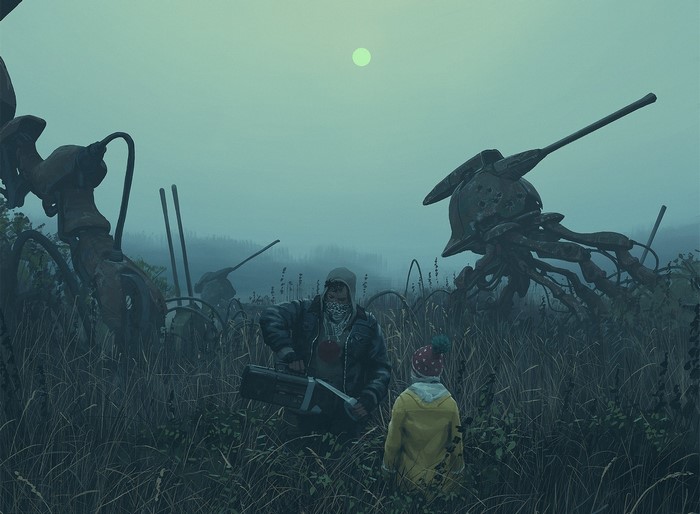 Man and child in a field of robots