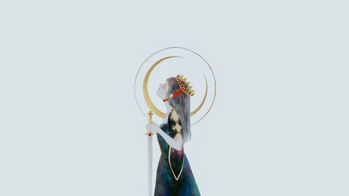 Anime girl with crown and sword under a crescent moon