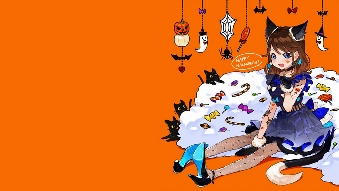 Anime girl with cat ears and Halloween candy
