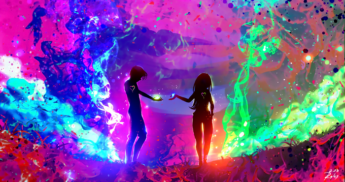 Couple exchanging light in colorful abstract background