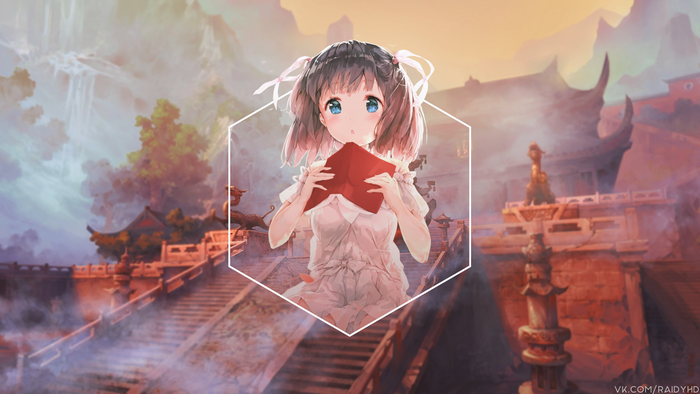 Anime girl holding a red envelope in front of a temple