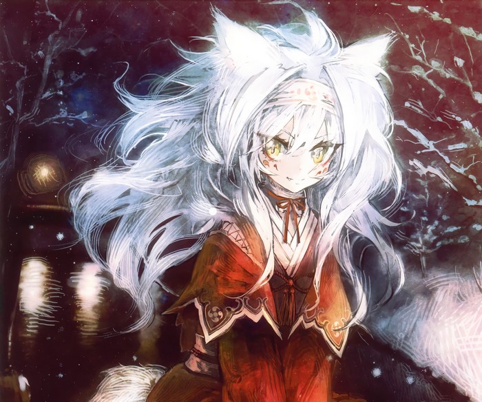 Kitsunemimi girl with white hair and yellow eyes