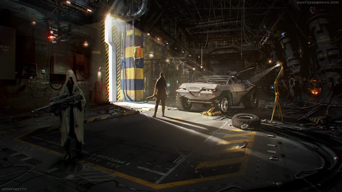 Apocalyptic cyberpunk garage with armored vehicle and figures