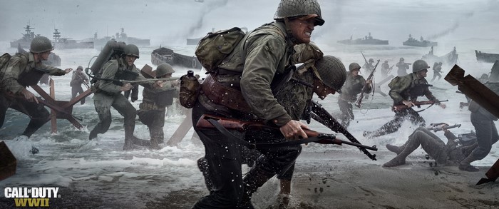 Soldiers storming a beach in Call of Duty: WWII