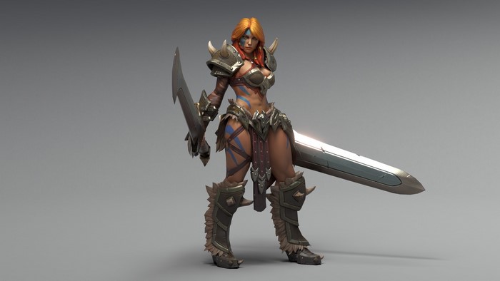 Barbarian woman from Diablo 3 with swords and armor
