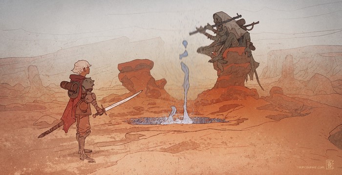 Warrior and creatures in a desert oasis