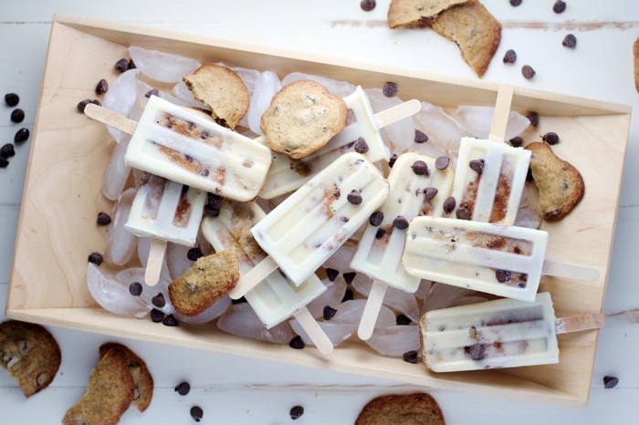 Chocolate chip cookie dough popsicles on ice