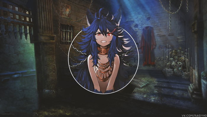 Anime girl with blue hair and red eyes in a dungeon