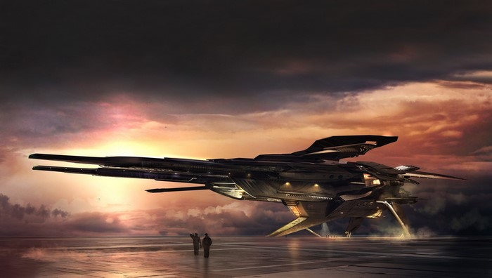 Science fiction spaceship on a landing pad at sunset
