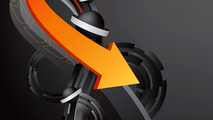 Abstract orange arrow with futuristic design elements