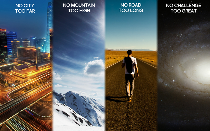 Motivational Collage with City, Mountains, Road, and Galaxy