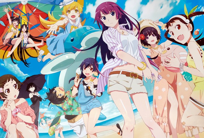Monogatari Series characters at the beach