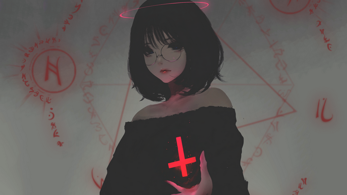 Anime girl with inverted cross and occult symbols