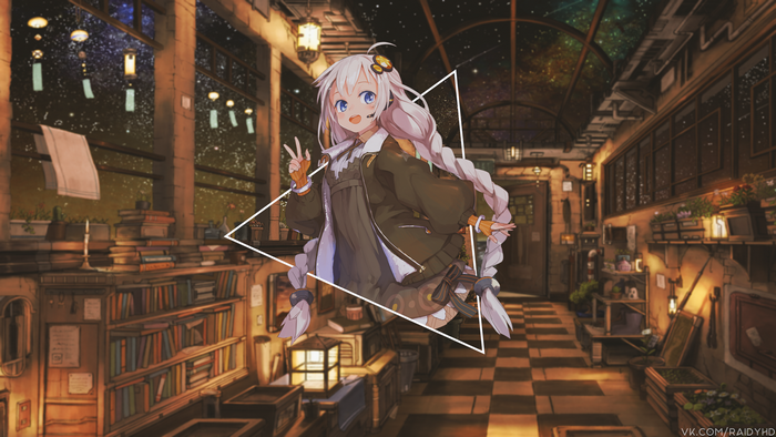 Anime girl with long braided hair in a library
