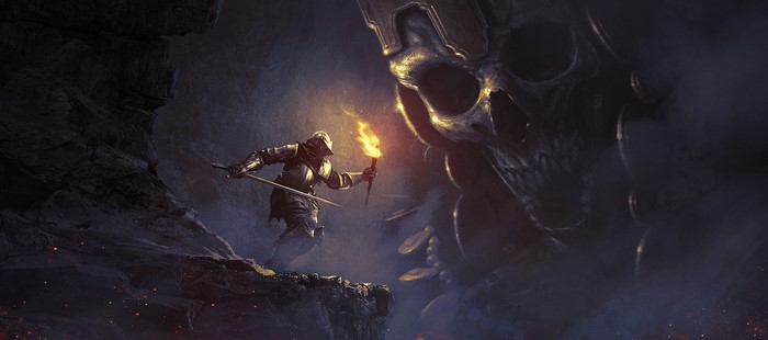 Knight with Torch and Giant Skull in Dark Fantasy Setting