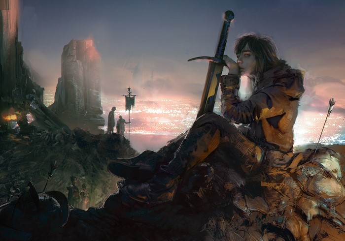 Fantasy warrior with sword overlooking city at sunset