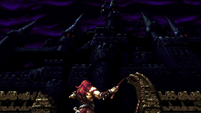 Simon Belmont from Castlevania in front of a dark castle