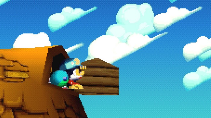 Pixel art of characters in a wooden structure against a cloudy sky