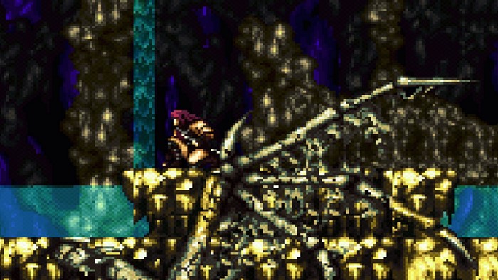 Character in a dark cave with glowing crystals