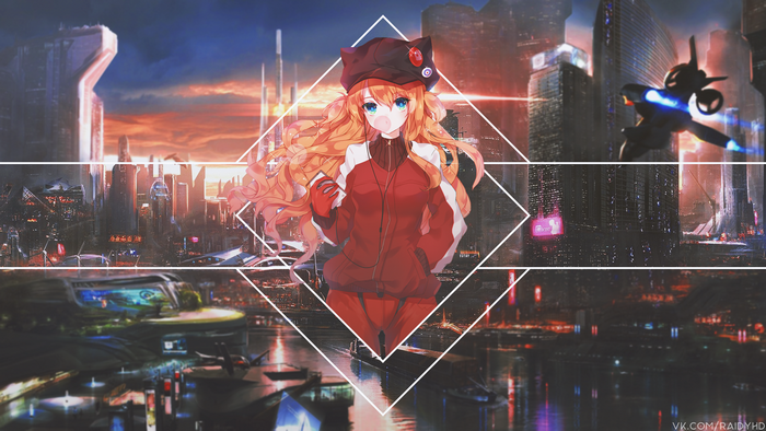 Anime girl with blue eyes in a futuristic city