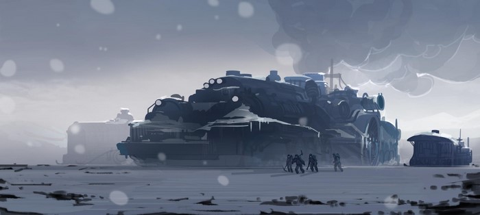 Frostpunk artwork of a snow-covered city with people